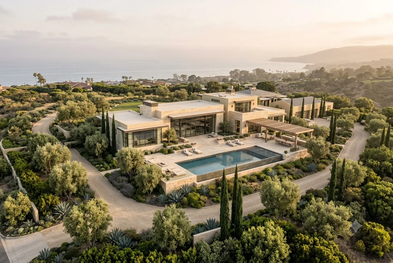 A Southern California estate at golden hour, seen from above with its pool, terraces and surrounding grounds