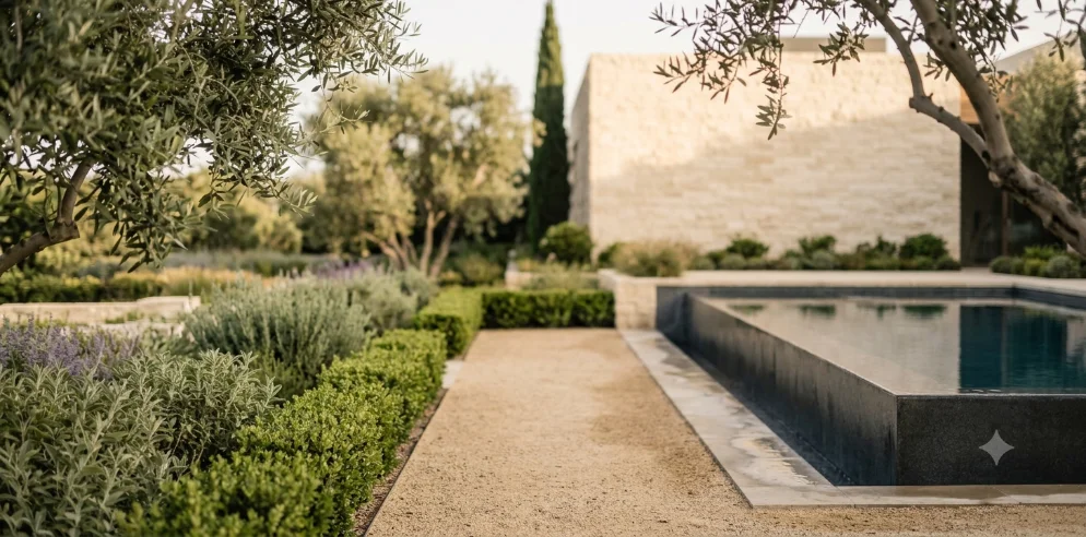 A gravel path running between clipped hedges and lavender toward a stone-walled pool